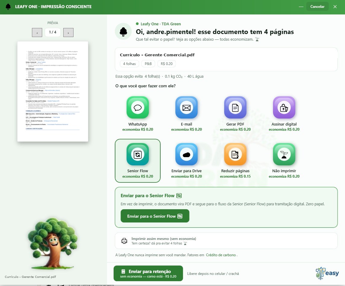 Janela do Leafy One: prévia do documento de 4 páginas e opções WhatsApp, E-mail, Gerar PDF, Assinar digital, Senior Flow, Enviar para Drive, Reduzir páginas e Não imprimir